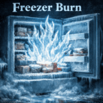 Open household freezer glowing in a dark kitchen as sharp blue-white flames made of ice rise from frost-covered food, freezing the room instead of burning it.