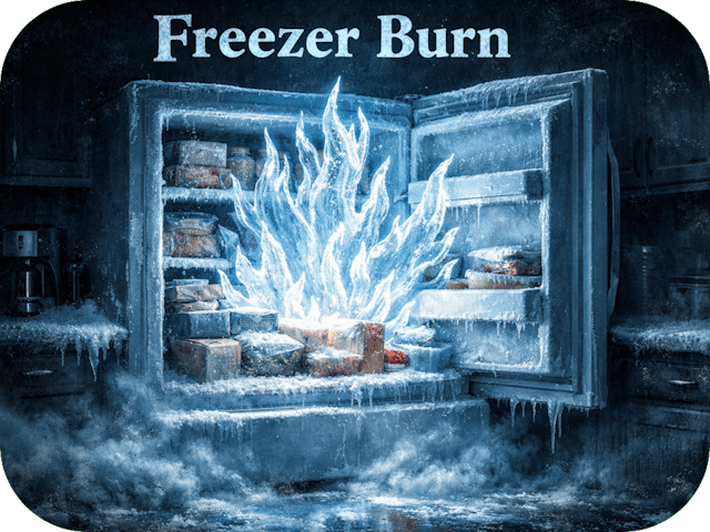 Open household freezer glowing in a dark kitchen as sharp blue-white flames made of ice rise from frost-covered food, freezing the room instead of burning it.