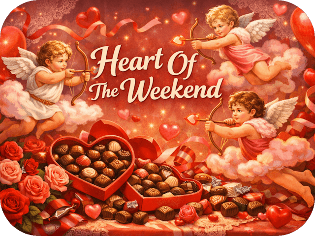 Painterly Valentine’s Day illustration featuring the headline “Heart Of The Weekend” surrounded by flying cherubs with heart-tipped arrows, overflowing heart-shaped chocolate boxes, red and pink roses, ribbons and glowing floating hearts.