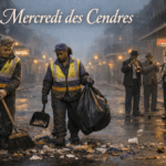 Sanitation workers with ash crosses clean a bead-strewn New Orleans street at dawn on Ash Wednesday while quiet jazz musicians play in the background beneath the title “Mercredi des Cendres.”
