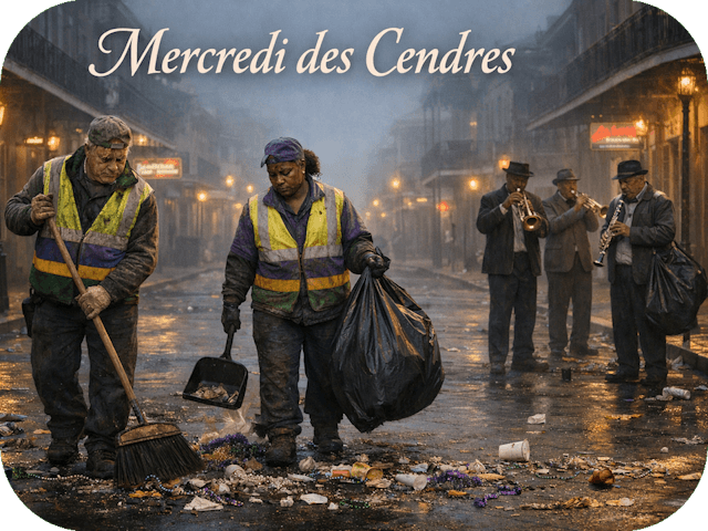Sanitation workers with ash crosses clean a bead-strewn New Orleans street at dawn on Ash Wednesday while quiet jazz musicians play in the background beneath the title “Mercredi des Cendres.”