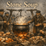 19th-century soldiers gather around a steaming cauldron, contributing food to a communal pot in a winter encampment.