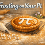 Pie with a frosted π symbol on its crust sits on a flour-dusted kitchen counter with baking tools and early spring greenery outside the window.