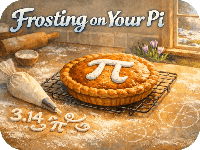 Pie with a frosted π symbol on its crust sits on a flour-dusted kitchen counter with baking tools and early spring greenery outside the window.