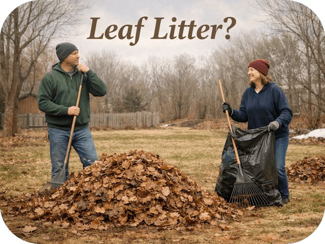 Couple in sweatshirts and knit caps raking a pile of damp brown leaves in an early-spring yard under soft overcast light.