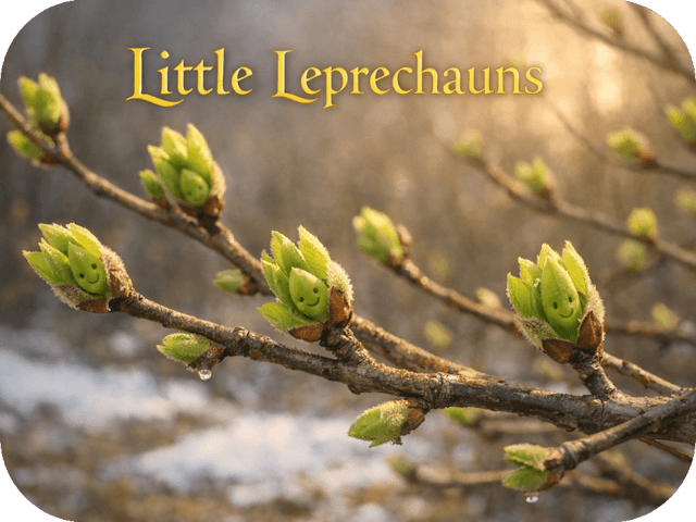 Early spring tree branches with budding green leaves subtly resembling smiling faces, set against a softly blurred background with lingering snow, and the title “Little Leprechauns” in metallic gold uncial lettering.