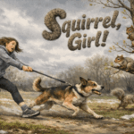 Woman in grey hoodie is pulled by a dog chasing squirrels in an early-spring park under grey skies, with fur-text “Squirrel, Girl!” above.
