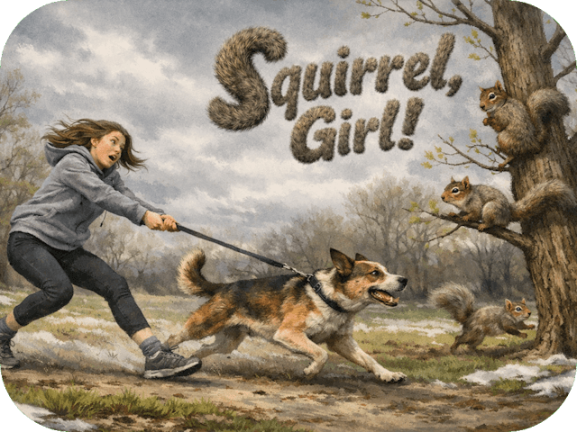 Woman in grey hoodie is pulled by a dog chasing squirrels in an early-spring park under grey skies, with fur-text “Squirrel, Girl!” above.