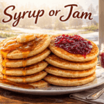 Stack of pancakes split into two tops—one with dripping maple syrup and butter, the other with berry jam—on a breakfast table by a window with melting snow and early spring green outside.