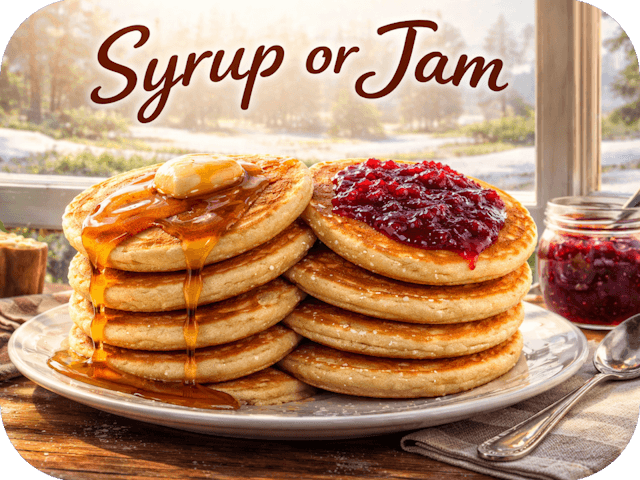Stack of pancakes split into two tops—one with dripping maple syrup and butter, the other with berry jam—on a breakfast table by a window with melting snow and early spring green outside.