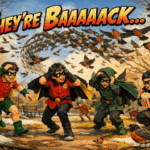 Children dressed in robin-inspired sidekick costumes run through a late-winter park while flocks of American robins swoop overhead beneath the comic-style headline “They’re Baaaaack…”.