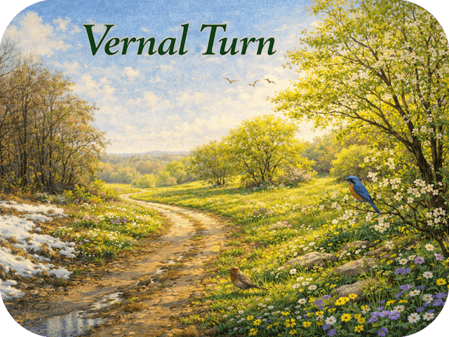 A winding dirt path with traces of melting snow curves left into a bright spring landscape filled with green grass, blooming trees, wildflowers, and birds under warm sunlight, with the title “Vernal Turn” in deep green above.