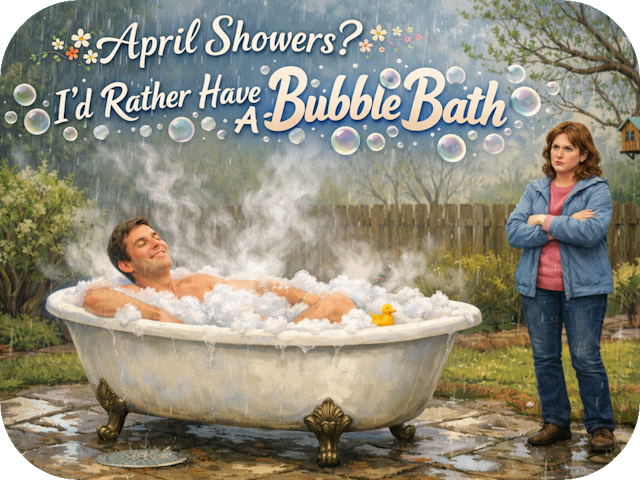 Man enjoying a steaming outdoor bubble bath in light spring rain while a disapproving woman looks on, with playful text reading “April Showers? I’d Rather Have A Bubble Bath.”