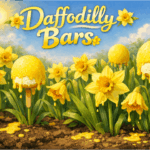 Whimsical daffodil garden with melting yellow ice cream pops on sticks among real blooms under bright sun, titled “Daffodilly Bars.”