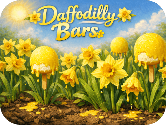 Whimsical daffodil garden with melting yellow ice cream pops on sticks among real blooms under bright sun, titled “Daffodilly Bars.”