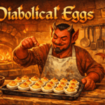 Cartoon devil in a cozy hell-themed kitchen sprinkling paprika over a tray of deviled eggs beneath the title “Diabolical Eggs.”
