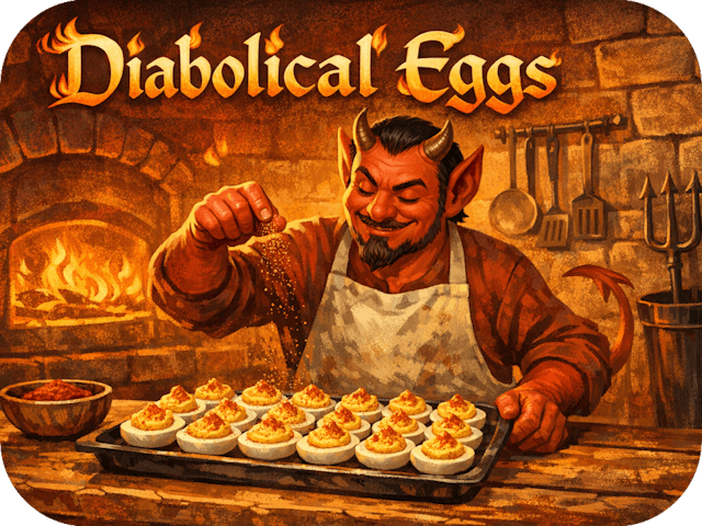 Cartoon devil in a cozy hell-themed kitchen sprinkling paprika over a tray of deviled eggs beneath the title “Diabolical Eggs.”