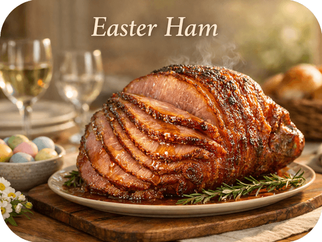 Glazed spiral-cut Easter ham on a rustic table with pastel eggs and soft morning light.
