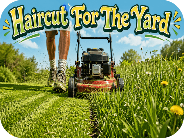 Ground-level view of a push mower crossing from tall, weedy grass into freshly cut lawn, with sneakers and crew socks visible behind it, under bright spring sunlight and the header text “Haircut For The Yard” above.