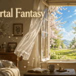 Open window in a cozy room reveals a vivid spring landscape, with soft light and drifting petals, titled “Portal Fantasy.”