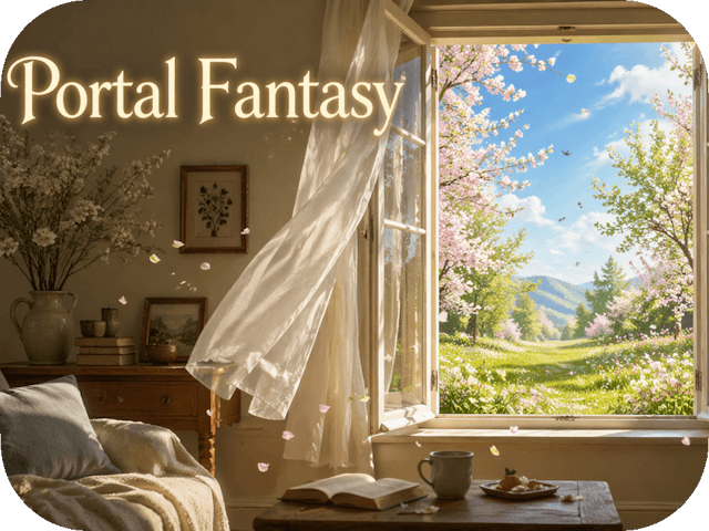 Open window in a cozy room reveals a vivid spring landscape, with soft light and drifting petals, titled “Portal Fantasy.”