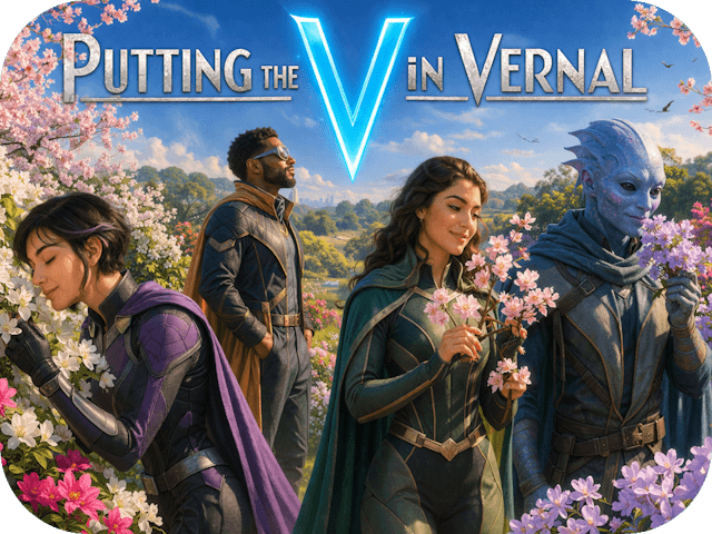 Spring landscape with diverse superheroes in capes and textured suits smelling blossoms beneath the Art Deco title โPutting the V in Vernal,โ featuring a glowing blue V.