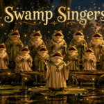 Frogs in soft choir robes sing on lily pads and logs in a glowing swamp at dusk, with fireflies and the title “Swamp Singers” abo