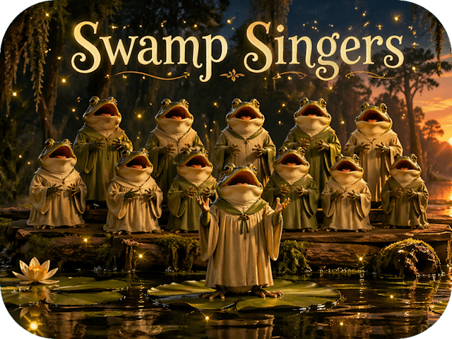 Frogs in soft choir robes sing on lily pads and logs in a glowing swamp at dusk, with fireflies and the title “Swamp Singers” abo
