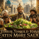 Timurid-style ruler and joyful court gathered around an enormous spring salad before a Samarkand cityscape beneath the title “Timur Should Have Eaten More Salad.”