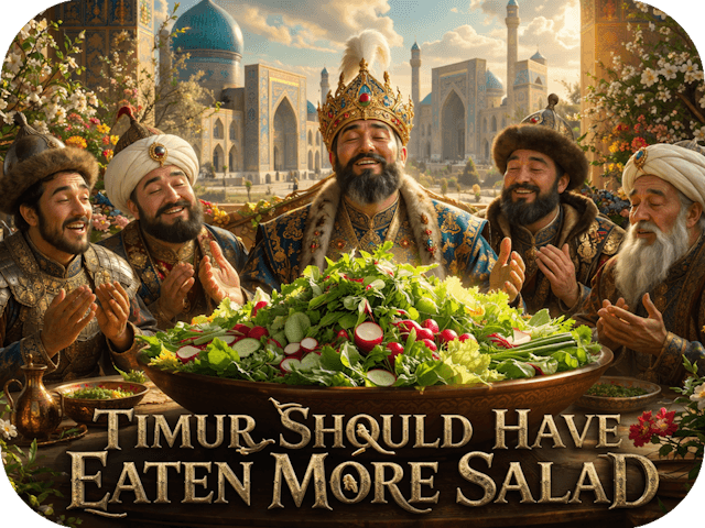 Timurid-style ruler and joyful court gathered around an enormous spring salad before a Samarkand cityscape beneath the title “Timur Should Have Eaten More Salad.”
