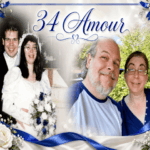 Side-by-side anniversary collage of Rob and Kelly Knowlan on their wedding day and 34 years later, framed in blue and white with the title “34 Amour.”