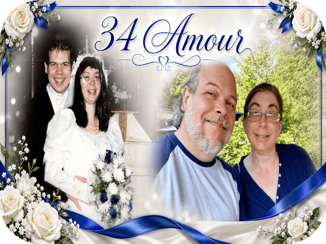 Side-by-side anniversary collage of Rob and Kelly Knowlan on their wedding day and 34 years later, framed in blue and white with the title “34 Amour.”