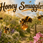 Bees fly through a lush late-spring flower garden carrying glowing droplets of honey beneath the title “Honey Smugglers” in warm vintage lettering.