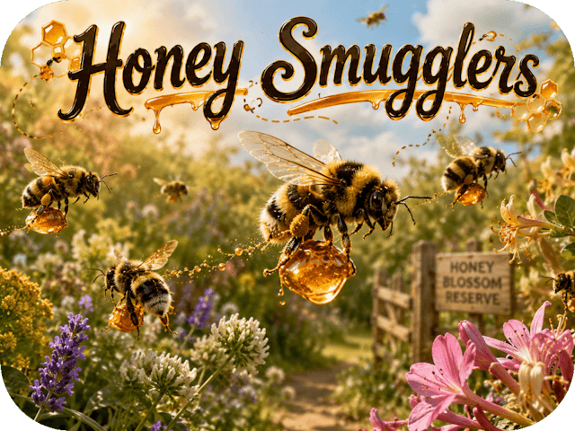 Bees fly through a lush late-spring flower garden carrying glowing droplets of honey beneath the title “Honey Smugglers” in warm vintage lettering.