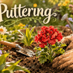 Gloved hands gently pat fresh soil around a bright red flower in a sunny spring garden beneath the title “Puttering.”