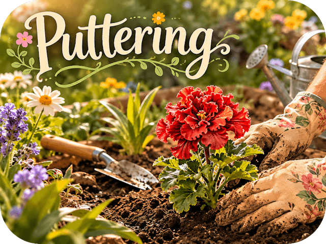 Gloved hands gently pat fresh soil around a bright red flower in a sunny spring garden beneath the title “Puttering.”