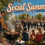 A nostalgic Memorial Day neighborhood parade passes a suburban family cookout as a father grills burgers and hot dogs beside folding chairs and waving American flags under bright late-spring sunshine.