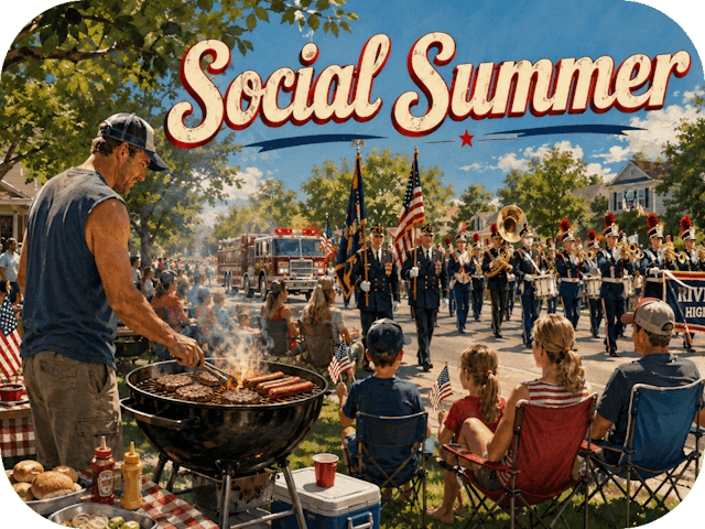 A nostalgic Memorial Day neighborhood parade passes a suburban family cookout as a father grills burgers and hot dogs beside folding chairs and waving American flags under bright late-spring sunshine.