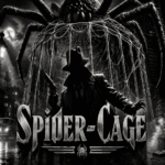 Black-and-white noir alley scene featuring a shadowed detective beneath a descending spiderweb cage as a giant spider looms overhead under moonlight and streetlamps.