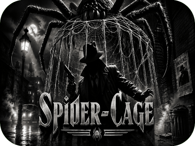 Black-and-white noir alley scene featuring a shadowed detective beneath a descending spiderweb cage as a giant spider looms overhead under moonlight and streetlamps.