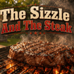A thick, sizzling steak cooks over glowing coals on an outdoor grill at golden hour while smoke rises into warm spring sunlight beneath the title “The Sizzle And The Steak.”