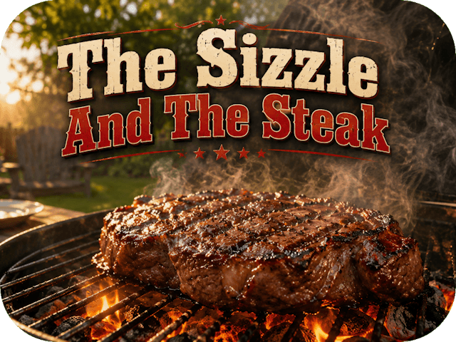 A thick, sizzling steak cooks over glowing coals on an outdoor grill at golden hour while smoke rises into warm spring sunlight beneath the title “The Sizzle And The Steak.”