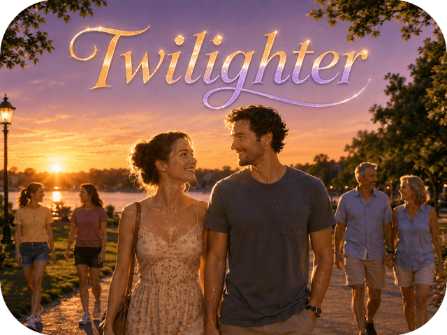 Twilighter — A couple strolls along a lakeside path at sunset while other walkers enjoy a warm late-May evening beneath a glowing twilight sky.