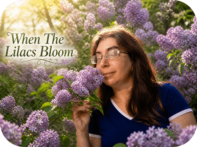 Kelly in a blue shirt gently smelling blooming lilacs in warm spring sunlight, with the text “When The Lilacs Bloom.”