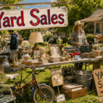 Sunny suburban yard sale with neighbors browsing tables of secondhand treasures beneath a large hand-painted “Yard Sales” sign.