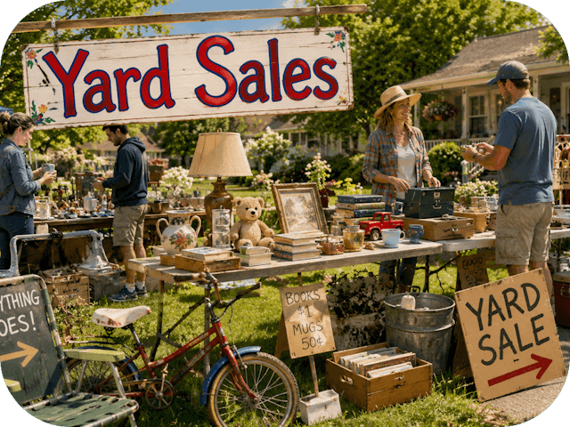 Sunny suburban yard sale with neighbors browsing tables of secondhand treasures beneath a large hand-painted “Yard Sales” sign.
