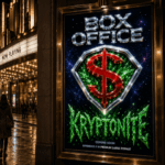 A grand Art Deco theater display case showcases a fictional blockbuster poster featuring a chrome pentagonal emblem with a red dollar sign over glowing green crystals, beneath the title "Box Office Kryptonite."