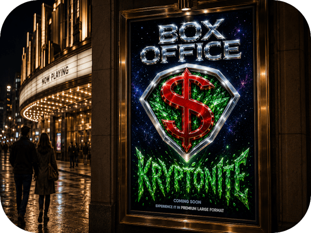 A grand Art Deco theater display case showcases a fictional blockbuster poster featuring a chrome pentagonal emblem with a red dollar sign over glowing green crystals, beneath the title "Box Office Kryptonite."