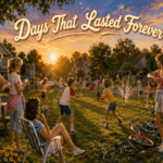 Children play in a sunlit June backyard while amused mothers check the time beneath the title “Days That Lasted Forever.”