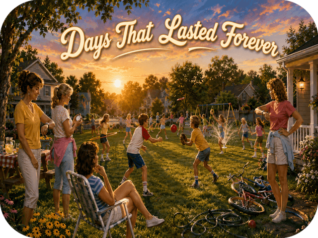 Children play in a sunlit June backyard while amused mothers check the time beneath the title “Days That Lasted Forever.”